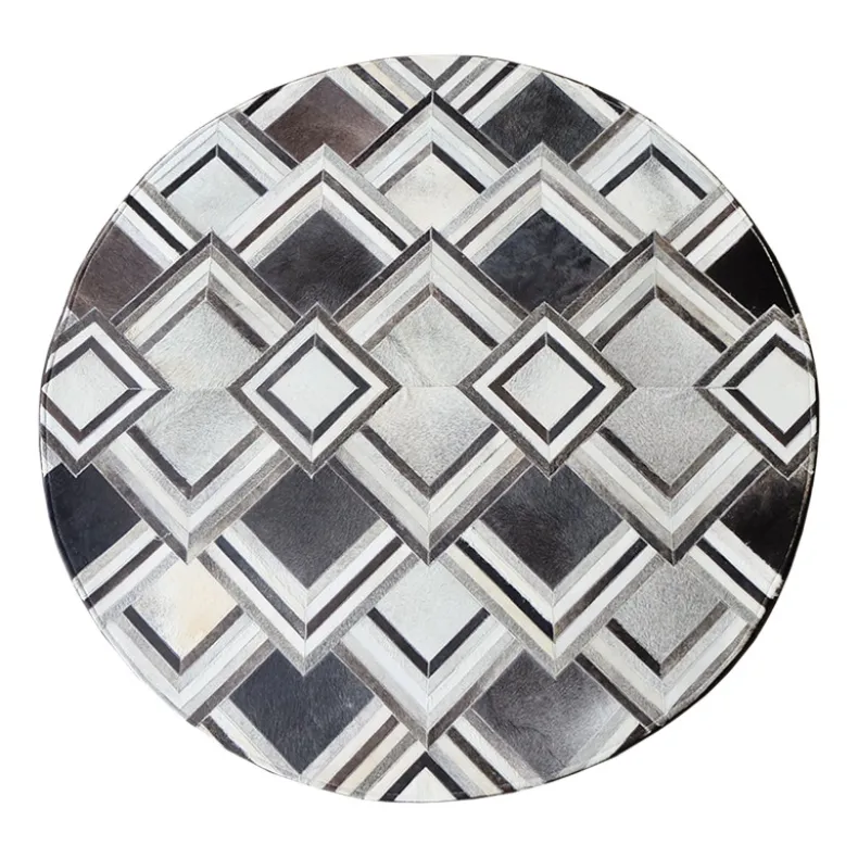 Grey Triangle Design Round Cowhide Rug (1.5m)